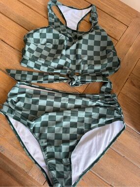 SHEIN Sage and Forest Green Checkerboard High-Neck Bikini Set